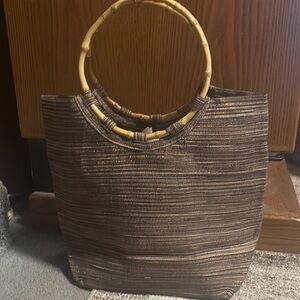 Vintage Brown and Metallic Tote with Textured Design and Bamboo Handles
